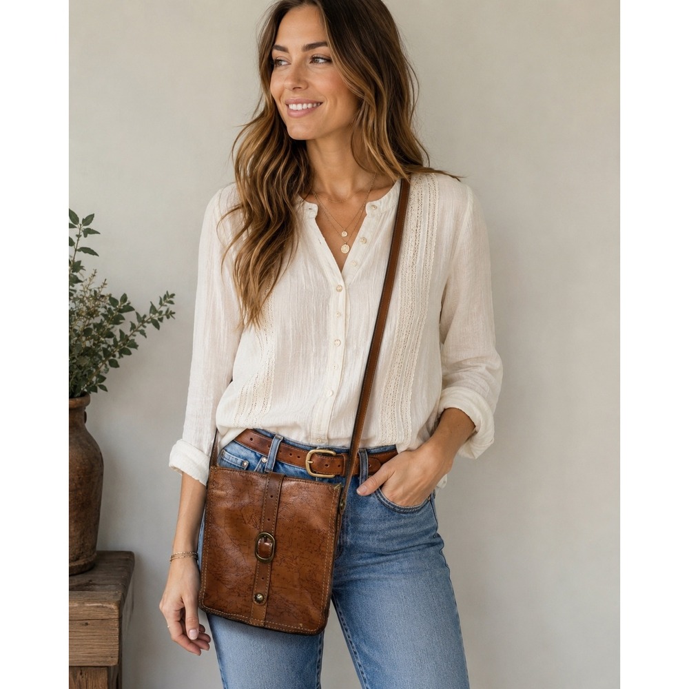Patricia Nash Tan Leather‎ Vintage Map Print Crossbody Bag Small Messenger